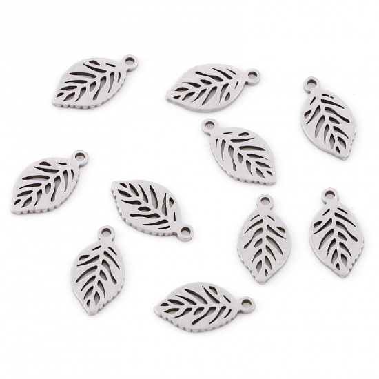Picture of 201 Stainless Steel Flora Collection Charms Silver Tone Leaf Hollow 14mm x 7.5mm, 10 PCs