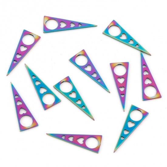 Picture of 10 PCs Eco-friendly PVD Vacuum Plating 201 Stainless Steel Geometric Charms Rainbow Color Plated Triangle Hollow 22mm x 8mm