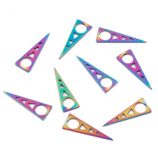 Picture of 10 PCs Eco-friendly PVD Vacuum Plating 201 Stainless Steel Geometric Charms Rainbow Color Plated Triangle Hollow 22mm x 8mm