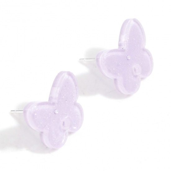 Picture of Acrylic Insect Ear Post Stud Earrings Findings Butterfly Animal Purple With Loop 15mm x 12mm, Post/ Wire Size: (21 gauge), 10 PCs