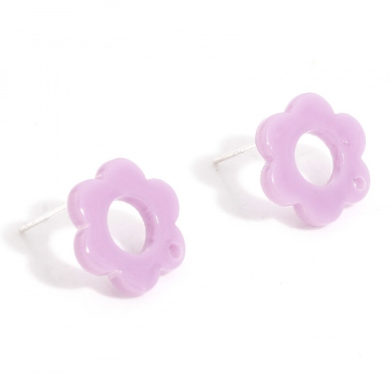 Picture of Acrylic Flora Collection Ear Post Stud Earrings Findings Flower Purple With Loop 15.5mm x 14mm, Post/ Wire Size: (21 gauge), 10 PCs