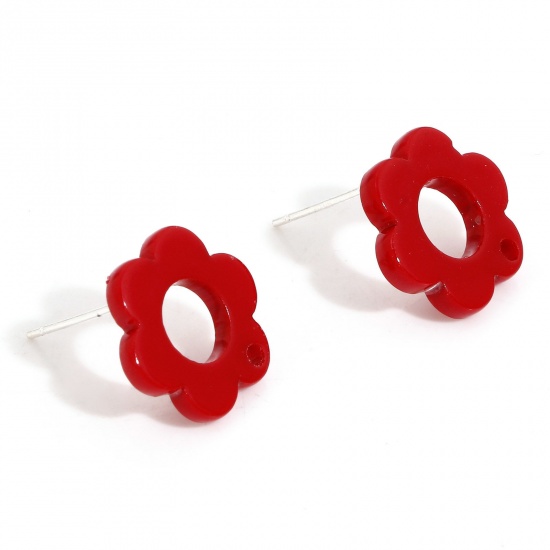 Picture of Acrylic Flora Collection Ear Post Stud Earrings Findings Flower Red With Loop 15.5mm x 14mm, Post/ Wire Size: (21 gauge), 10 PCs