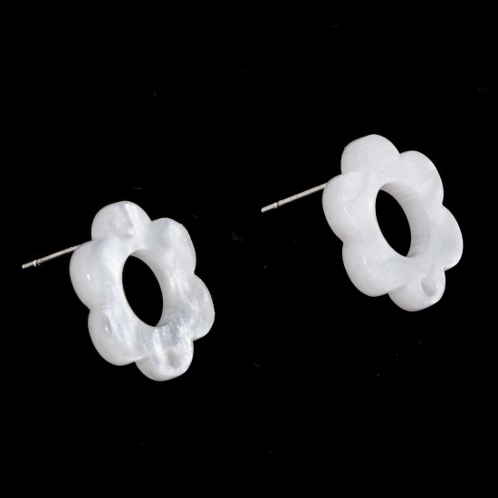 Picture of Acrylic Flora Collection Ear Post Stud Earrings Findings Flower Ivory With Loop 15.5mm x 14mm, Post/ Wire Size: (21 gauge), 10 PCs