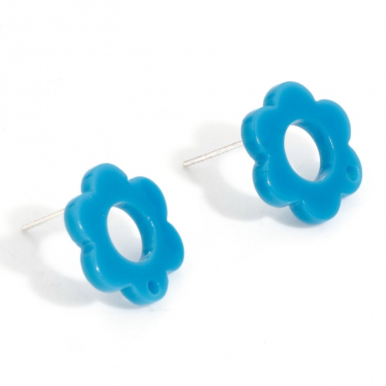 Picture of Acrylic Flora Collection Ear Post Stud Earrings Findings Flower Blue With Loop 15.5mm x 14mm, Post/ Wire Size: (21 gauge), 10 PCs