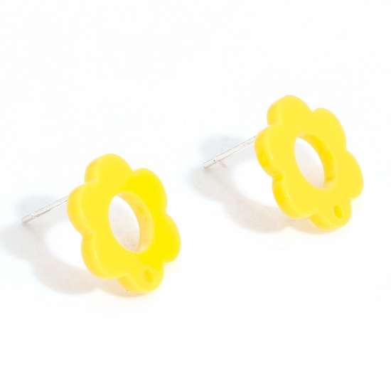 Picture of Acrylic Flora Collection Ear Post Stud Earrings Findings Flower Yellow With Loop 15.5mm x 14mm, Post/ Wire Size: (21 gauge), 10 PCs