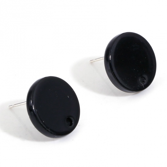 Picture of Acrylic Ear Post Stud Earrings Findings Round Black With Loop 14mm Dia., Post/ Wire Size: (21 gauge), 10 PCs