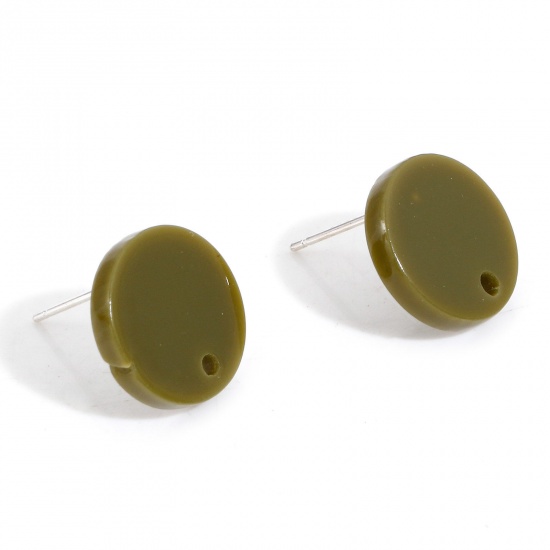 Picture of Acrylic Ear Post Stud Earrings Findings Round Army Green With Loop 14mm Dia., Post/ Wire Size: (21 gauge), 10 PCs
