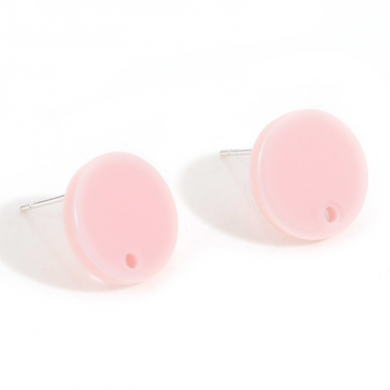 Picture of Acrylic Ear Post Stud Earrings Findings Round Light Pink With Loop 14mm Dia., Post/ Wire Size: (21 gauge), 10 PCs