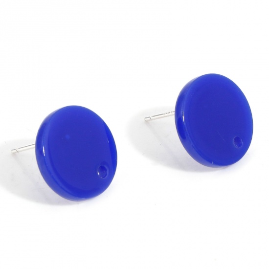 Picture of Acrylic Ear Post Stud Earrings Findings Round Dark Blue With Loop 14mm Dia., Post/ Wire Size: (21 gauge), 10 PCs