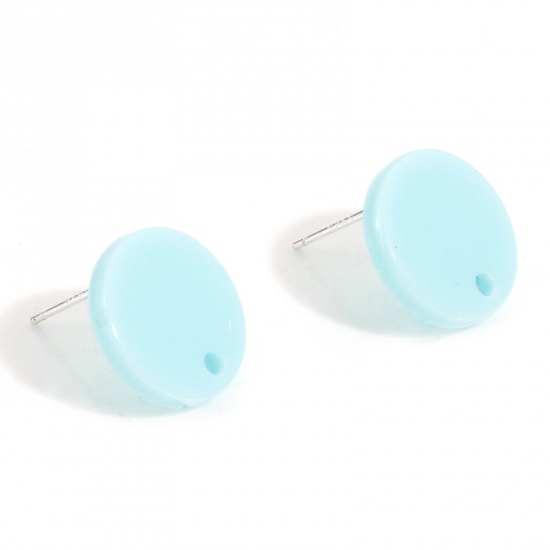 Picture of Acrylic Ear Post Stud Earrings Findings Round Light Blue With Loop 14mm Dia., Post/ Wire Size: (21 gauge), 10 PCs