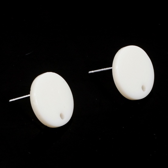 Picture of Acrylic Ear Post Stud Earrings Findings Round Creamy-White With Loop 14mm Dia., Post/ Wire Size: (21 gauge), 10 PCs