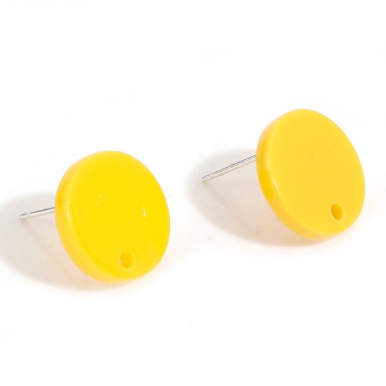 Picture of Acrylic Ear Post Stud Earrings Findings Round Yellow With Loop 14mm Dia., Post/ Wire Size: (21 gauge), 10 PCs