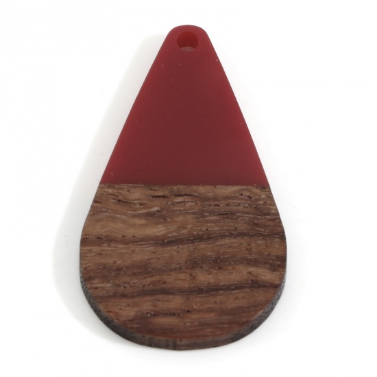 木目調樹脂 ペンダント 赤ワイン色 滴 ドロップ 3.8cm x 2.2cm、 2 個 の画像