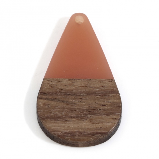 木目調樹脂 ペンダント オレンジ色 滴 ドロップ 3.8cm x 2.2cm、 2 個 の画像