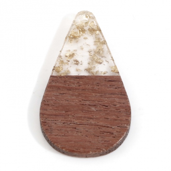 木目調樹脂 ペンダント ゴールデン 滴 ドロップ 箔 3.8cm x 2.2cm、 2 個 の画像
