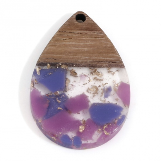 木目調樹脂 ペンダント 紫 滴 ドロップ 箔 3.6cm x 2.4cm、 2 個 の画像