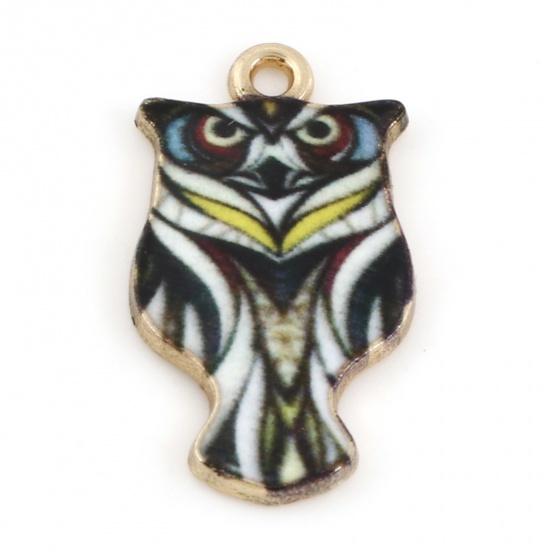 Picture of Zinc Based Alloy Halloween Charms Gold Plated Black Owl Animal Enamel 23mm x 13mm, 10 PCs