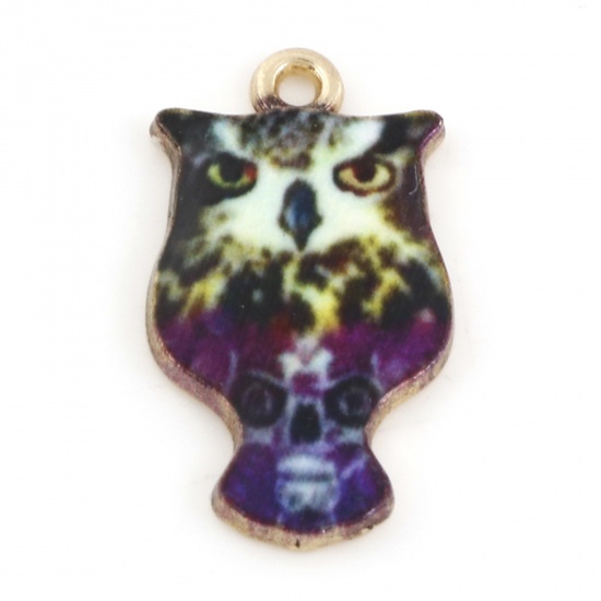 Picture of Zinc Based Alloy Halloween Charms Gold Plated Dark Purple Owl Animal Enamel 23mm x 13mm, 10 PCs