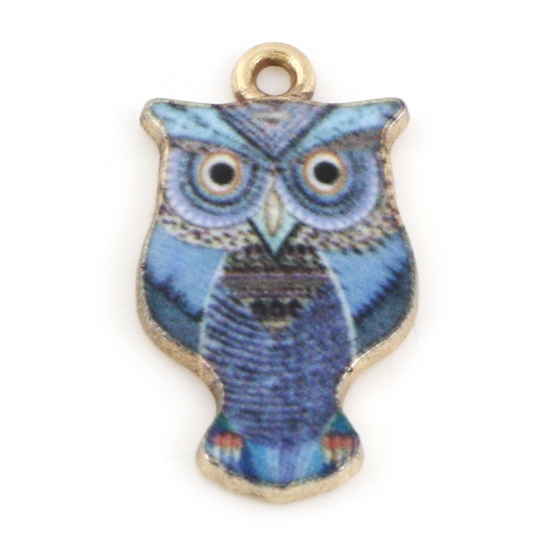 Picture of Zinc Based Alloy Halloween Charms Gold Plated Blue Owl Animal Enamel 23mm x 13mm, 10 PCs