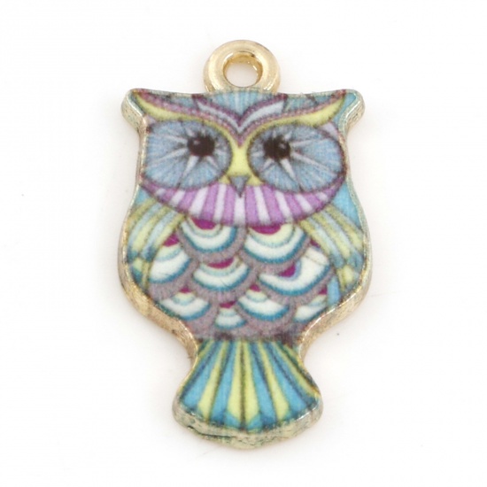 Picture of Zinc Based Alloy Halloween Charms Gold Plated Green Owl Animal Enamel 23mm x 13mm, 10 PCs