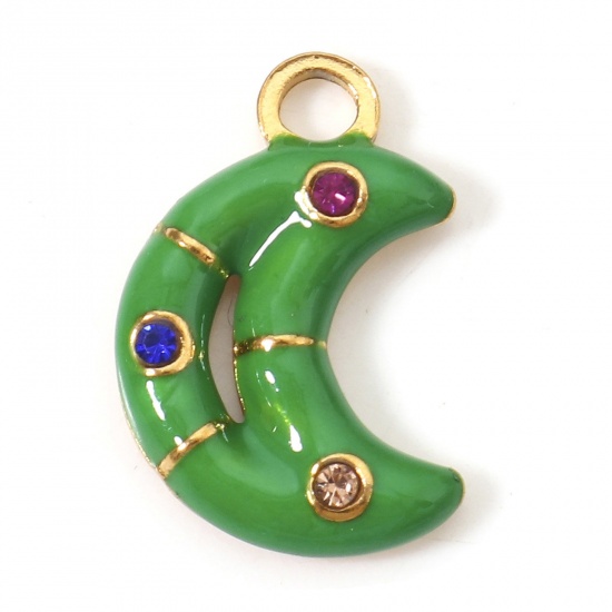 Imagen de 1 Unidad Recubrimiento al Vacío PVD Ecológico 304 Acero Inoxidable Galaxia Colgantes Luna Media Chapado en Oro Verde Esmalte Multicolor Rhinestone 16.5mm x 11mm