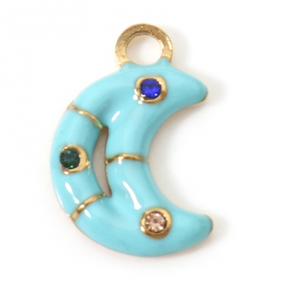 Imagen de 1 Unidad Recubrimiento al Vacío PVD Ecológico 304 Acero Inoxidable Galaxia Colgantes Luna Media Chapado en Oro Azul Esmalte Multicolor Rhinestone 16.5mm x 11mm