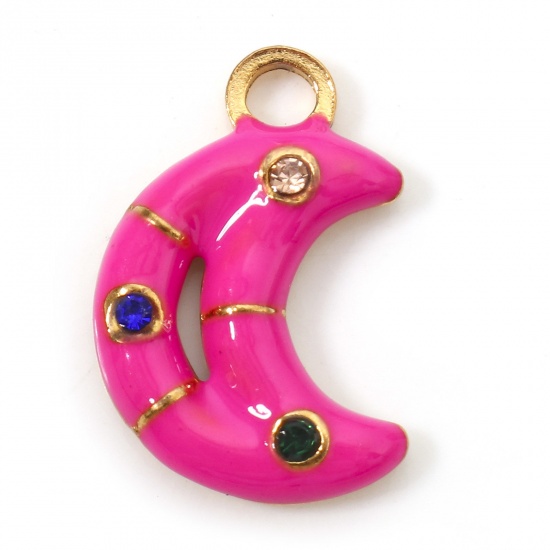 Imagen de 1 Unidad Recubrimiento al Vacío PVD Ecológico 304 Acero Inoxidable Galaxia Colgantes Luna Media Chapado en Oro Fucsia Esmalte Multicolor Rhinestone 16.5mm x 11mm