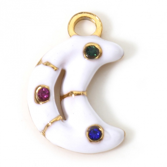Imagen de 1 Unidad Recubrimiento al Vacío PVD Ecológico 304 Acero Inoxidable Galaxia Colgantes Luna Media Chapado en Oro Blanco Esmalte Multicolor Rhinestone 16.5mm x 11mm