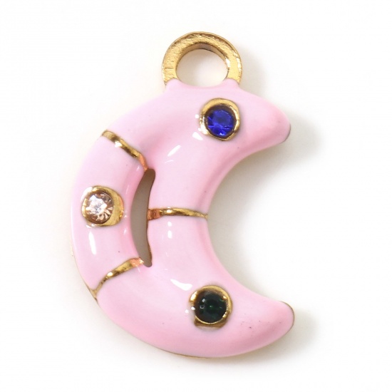 Imagen de 1 Unidad Recubrimiento al Vacío PVD Ecológico 304 Acero Inoxidable Galaxia Colgantes Luna Media Chapado en Oro Rosado Esmalte Multicolor Rhinestone 16.5mm x 11mm