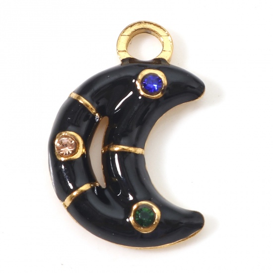 Imagen de 1 Unidad Recubrimiento al Vacío PVD Ecológico 304 Acero Inoxidable Galaxia Colgantes Luna Media Chapado en Oro Negro Esmalte Multicolor Rhinestone 16.5mm x 11mm