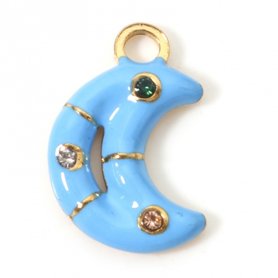 Imagen de 1 Unidad Recubrimiento al Vacío PVD Ecológico 304 Acero Inoxidable Galaxia Colgantes Luna Media Chapado en Oro Azul Cielo Esmalte Multicolor Rhinestone 16.5mm x 11mm