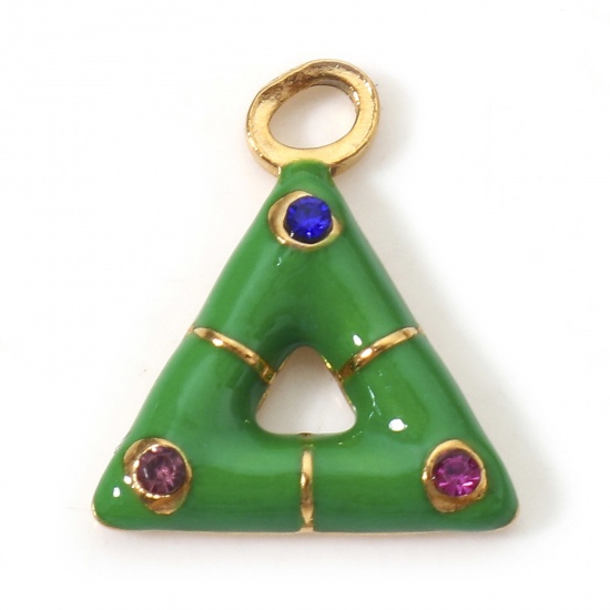 Immagine di 1 Pz Placcatura Sottovuoto PVD Ecologica 304 Acciaio Inossidabile Geometrico Ciondoli Triangolo Oro Placcato Verde Smalto Multicolore Strass 15mm x 13mm