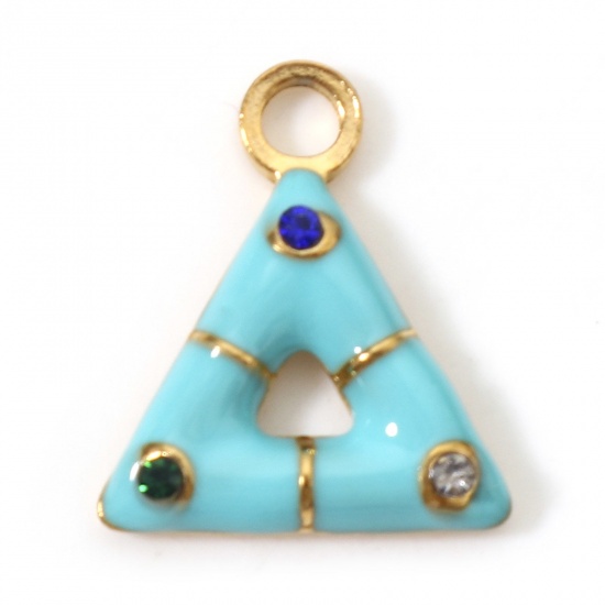Immagine di 1 Pz Placcatura Sottovuoto PVD Ecologica 304 Acciaio Inossidabile Geometrico Ciondoli Triangolo Oro Placcato Blu Smalto Multicolore Strass 15mm x 13mm