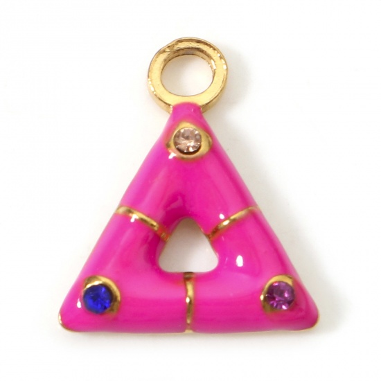 Immagine di 1 Pz Placcatura Sottovuoto PVD Ecologica 304 Acciaio Inossidabile Geometrico Ciondoli Triangolo Oro Placcato Rosso Prugna Smalto Multicolore Strass 15mm x 13mm