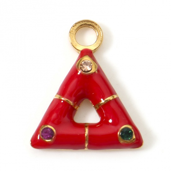 Immagine di 1 Pz Placcatura Sottovuoto PVD Ecologica 304 Acciaio Inossidabile Geometrico Ciondoli Triangolo Oro Placcato Rosso Smalto Multicolore Strass 15mm x 13mm