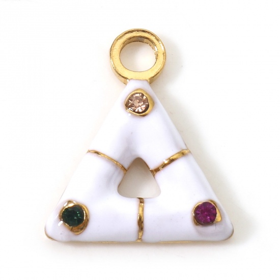 Immagine di 1 Pz Placcatura Sottovuoto PVD Ecologica 304 Acciaio Inossidabile Geometrico Ciondoli Triangolo Oro Placcato Bianco Smalto Multicolore Strass 15mm x 13mm