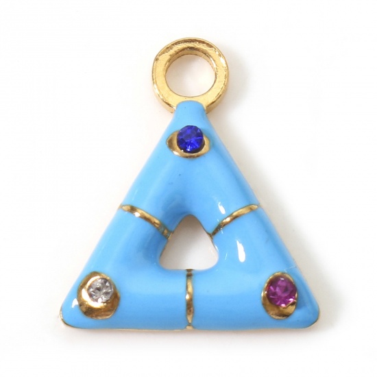 Immagine di 1 Pz Placcatura Sottovuoto PVD Ecologica 304 Acciaio Inossidabile Geometrico Ciondoli Triangolo Oro Placcato Azzurro Smalto Multicolore Strass 15mm x 13mm