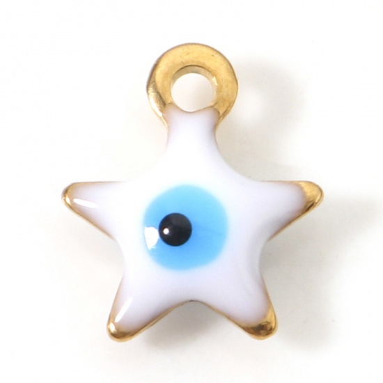 Picture of 304 Stainless Steel Religious Charms Gold Plated White Pentagram Star Evil Eye Double-sided Enamelled Sequins 10mm x 8.5mm, 10 PCs