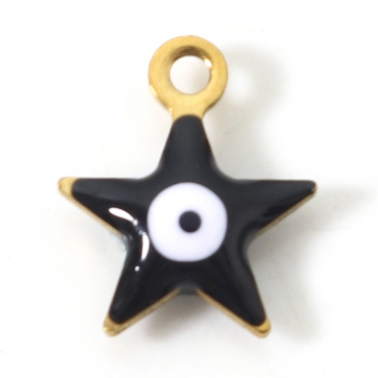 Picture of 304 Stainless Steel Religious Charms Gold Plated Black Pentagram Star Evil Eye Double-sided Enamelled Sequins 10mm x 8.5mm, 10 PCs