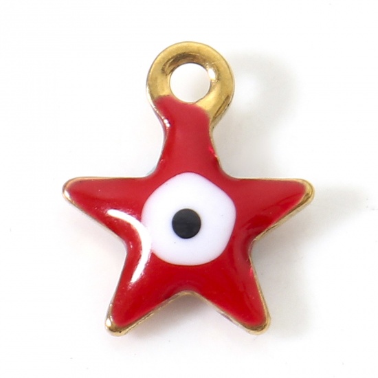 Picture of 304 Stainless Steel Religious Charms Gold Plated Red Pentagram Star Evil Eye Double-sided Enamelled Sequins 10mm x 8.5mm, 10 PCs