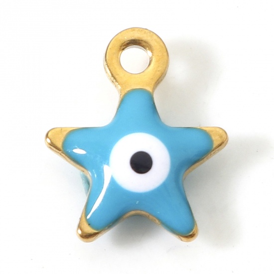 Picture of 304 Stainless Steel Religious Charms Gold Plated Blue Pentagram Star Evil Eye Double-sided Enamelled Sequins 10mm x 8.5mm, 10 PCs