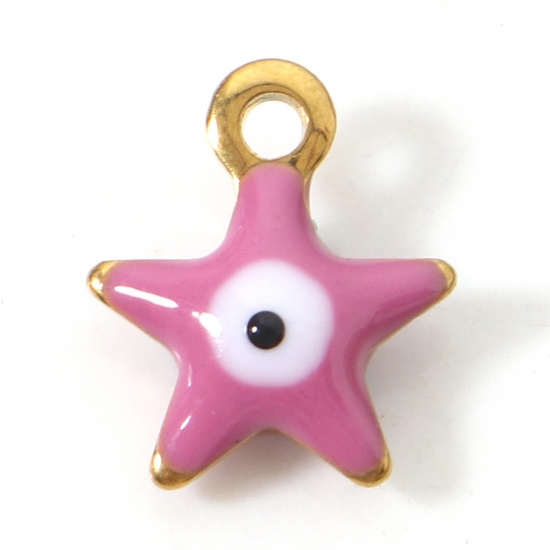 Picture of 304 Stainless Steel Religious Charms Gold Plated Pink Pentagram Star Evil Eye Double-sided Enamelled Sequins 10mm x 8.5mm, 10 PCs