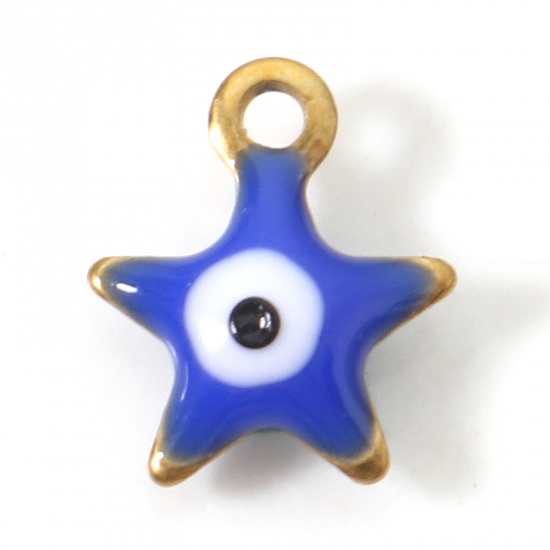 Picture of 304 Stainless Steel Religious Charms Gold Plated Dark Blue Pentagram Star Evil Eye Double-sided Enamelled Sequins 10mm x 8.5mm, 10 PCs