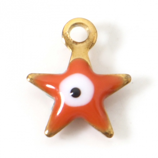 Picture of 304 Stainless Steel Religious Charms Gold Plated Orange Pentagram Star Evil Eye Double-sided Enamelled Sequins 10mm x 8.5mm, 10 PCs
