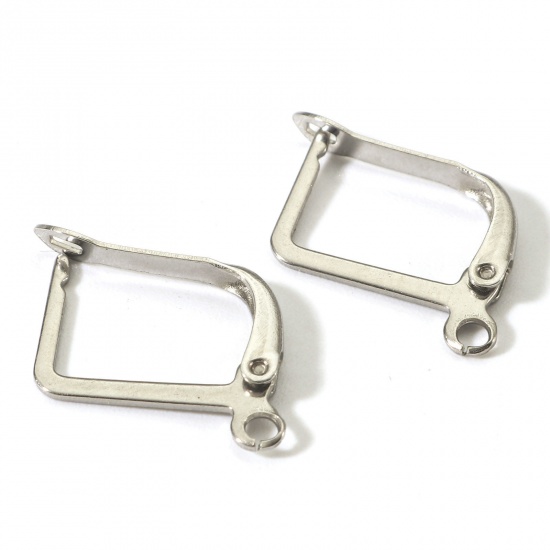 Picture of 316 Stainless Steel Lever Back Clips Earrings Rectangle Silver Tone With Loop 16mm x 13mm, Post/ Wire Size: (21 gauge), 20 PCs