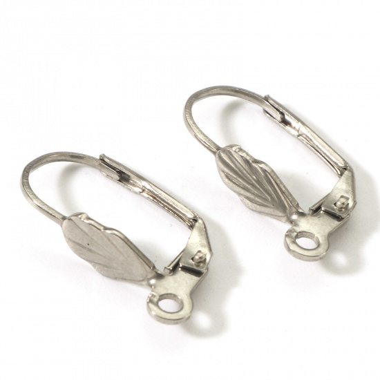 Picture of 316 Stainless Steel Lever Back Clips Earrings Leaf Silver Tone Oval With Loop 19mm x 11mm, Post/ Wire Size: (21 gauge), 20 PCs