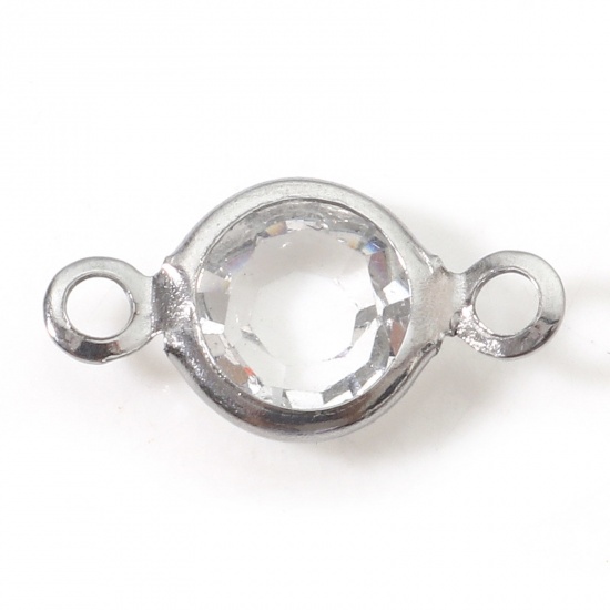 Picture of 304 Stainless Steel & Glass Connectors Charms Pendants Silver Tone Transparent Clear Round Faceted 13mm x 7mm, 10 PCs
