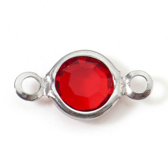 Picture of 304 Stainless Steel & Glass Connectors Charms Pendants Silver Tone Red Round Faceted 13mm x 7mm, 10 PCs