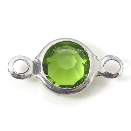 Picture of 304 Stainless Steel & Glass Connectors Charms Pendants Silver Tone Green Round Faceted 13mm x 7mm, 10 PCs