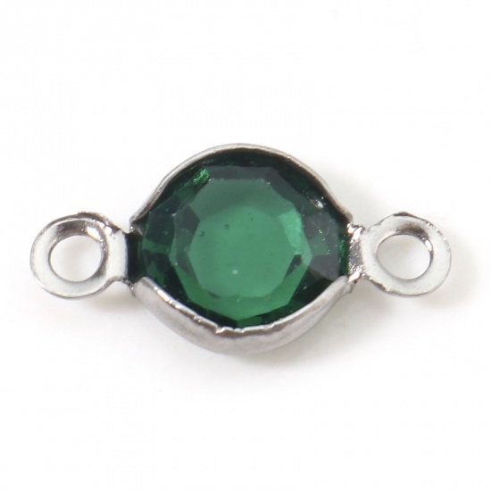 Picture of 304 Stainless Steel & Glass Connectors Charms Pendants Silver Tone Dark Green Round Faceted 13mm x 7mm, 10 PCs